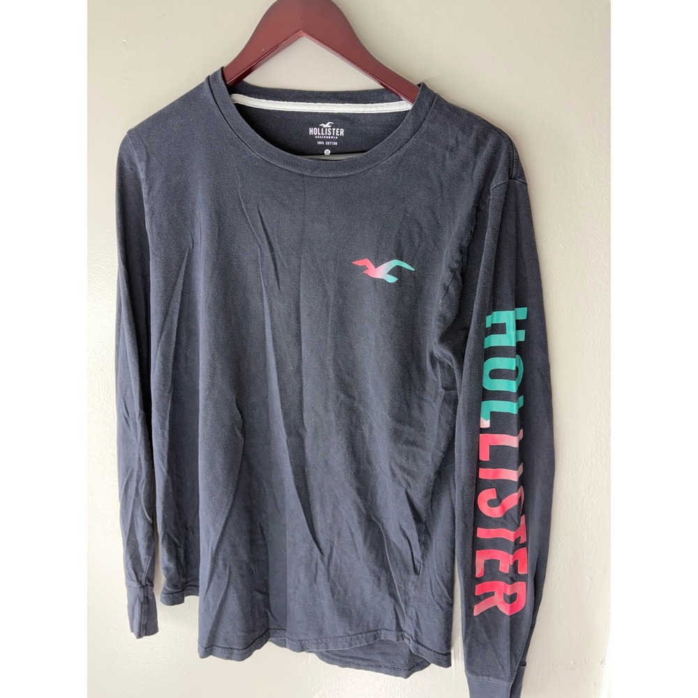 Hollister Mens Long Sleeve Graphic Tee Gray Pink Teal Cloud Logo Shirt Size M